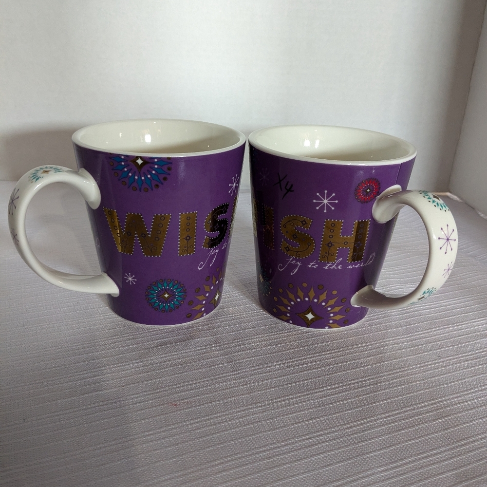 Starbucks Christmas mugs Wish joy to the world 2006 set of 2 purple gold